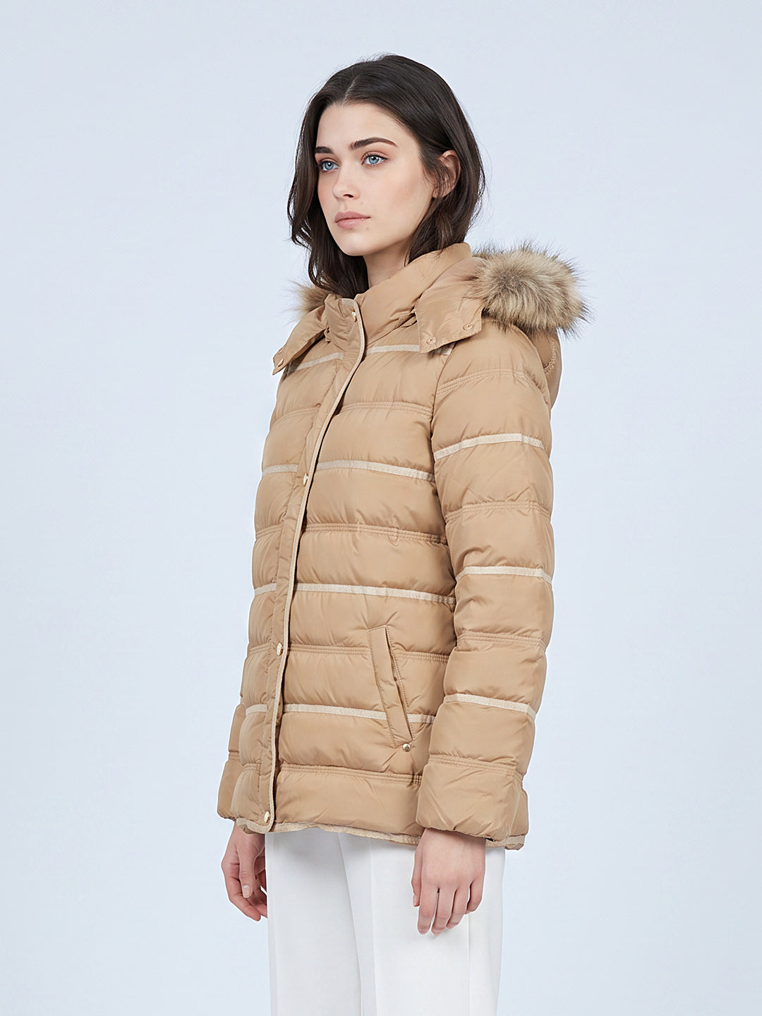 Women Camel Brown Solid Detachable Hood Full Sleeve Puffer Jacket