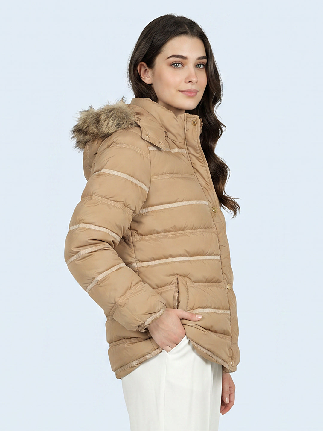 Women Camel Brown Solid Detachable Hood Full Sleeve Puffer Jacket