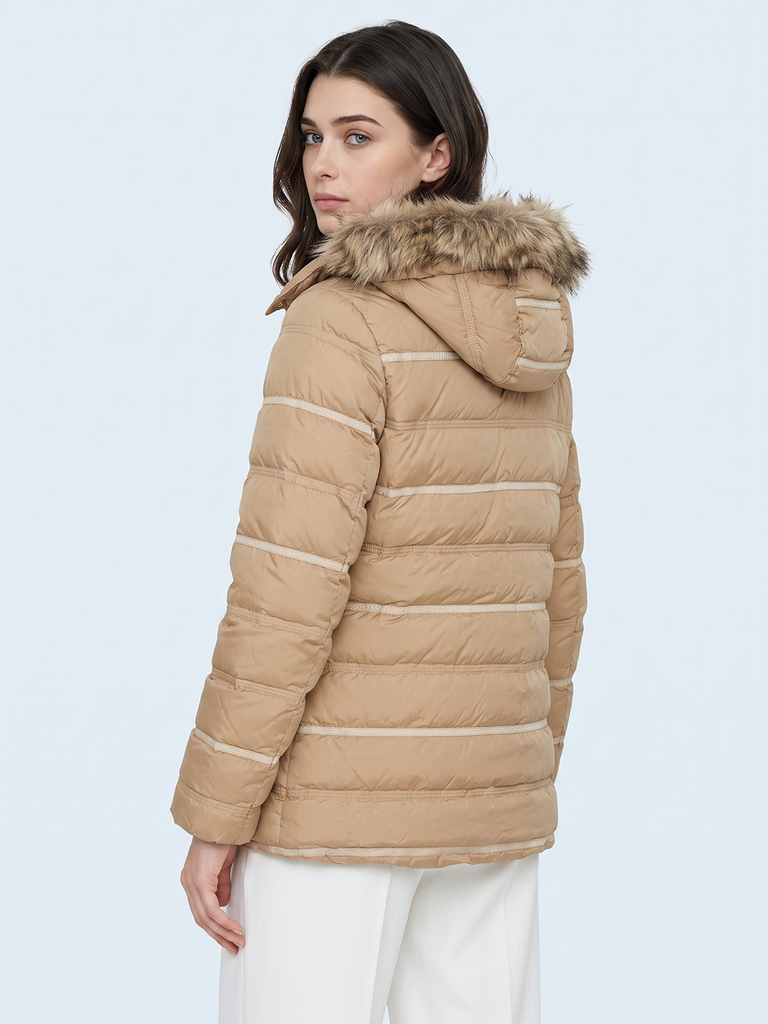 Women Camel Brown Solid Detachable Hood Full Sleeve Puffer Jacket