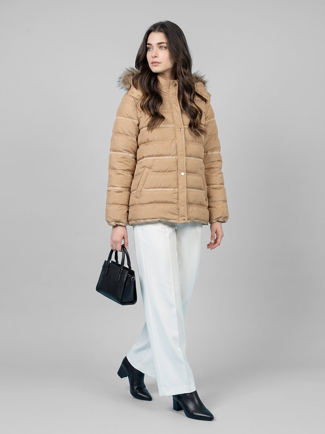 Women Camel Brown Solid Detachable Hood Full Sleeve Puffer Jacket