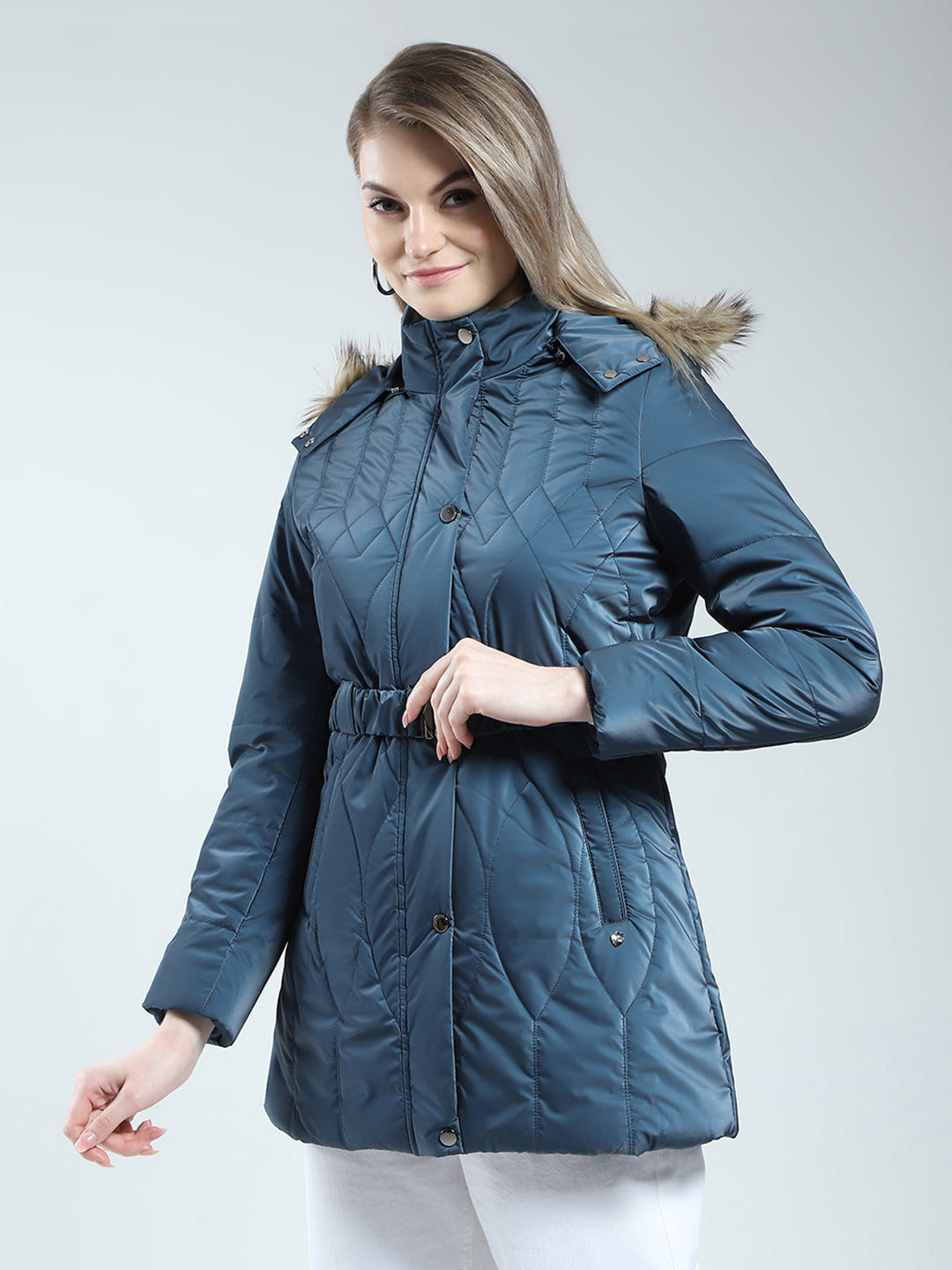 Women Blue Printed Detachable Hood Full Sleeve Jacket