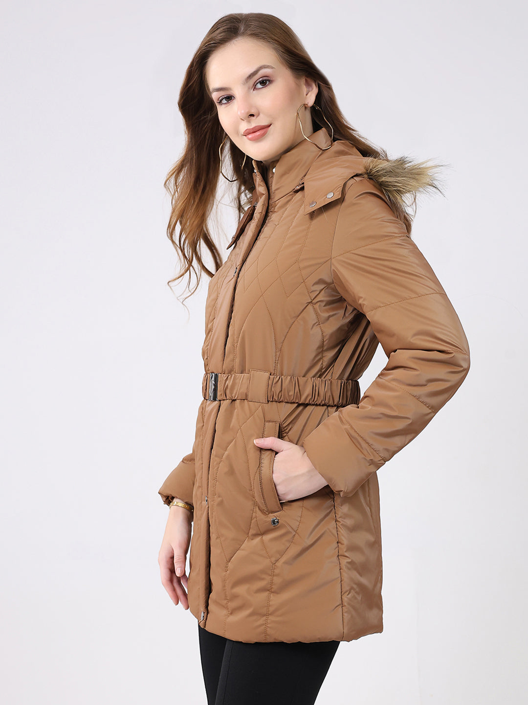 Women Khaki Solid Hooded Full Sleeve Jacket