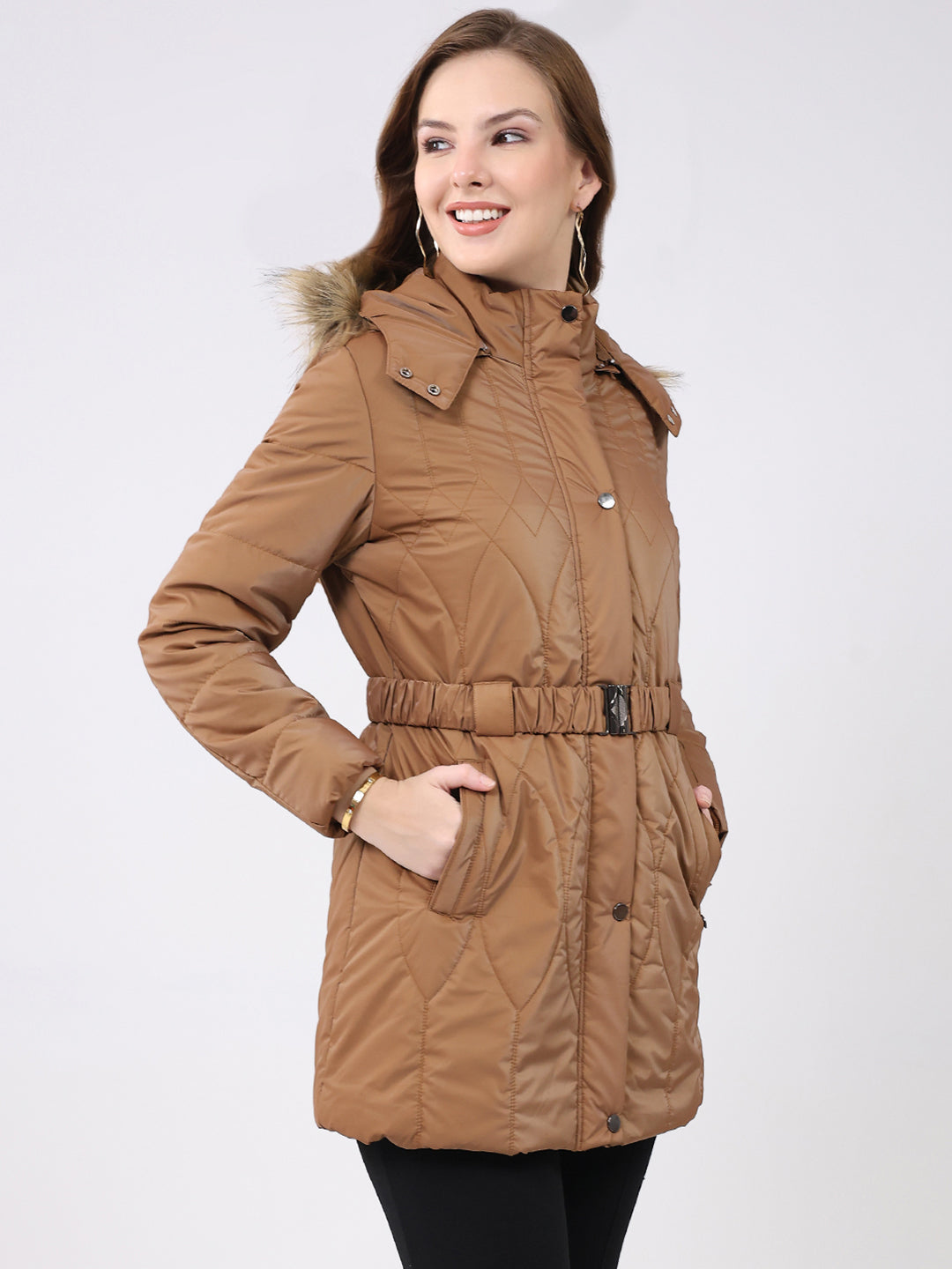 Women Khaki Solid Hooded Full Sleeve Jacket