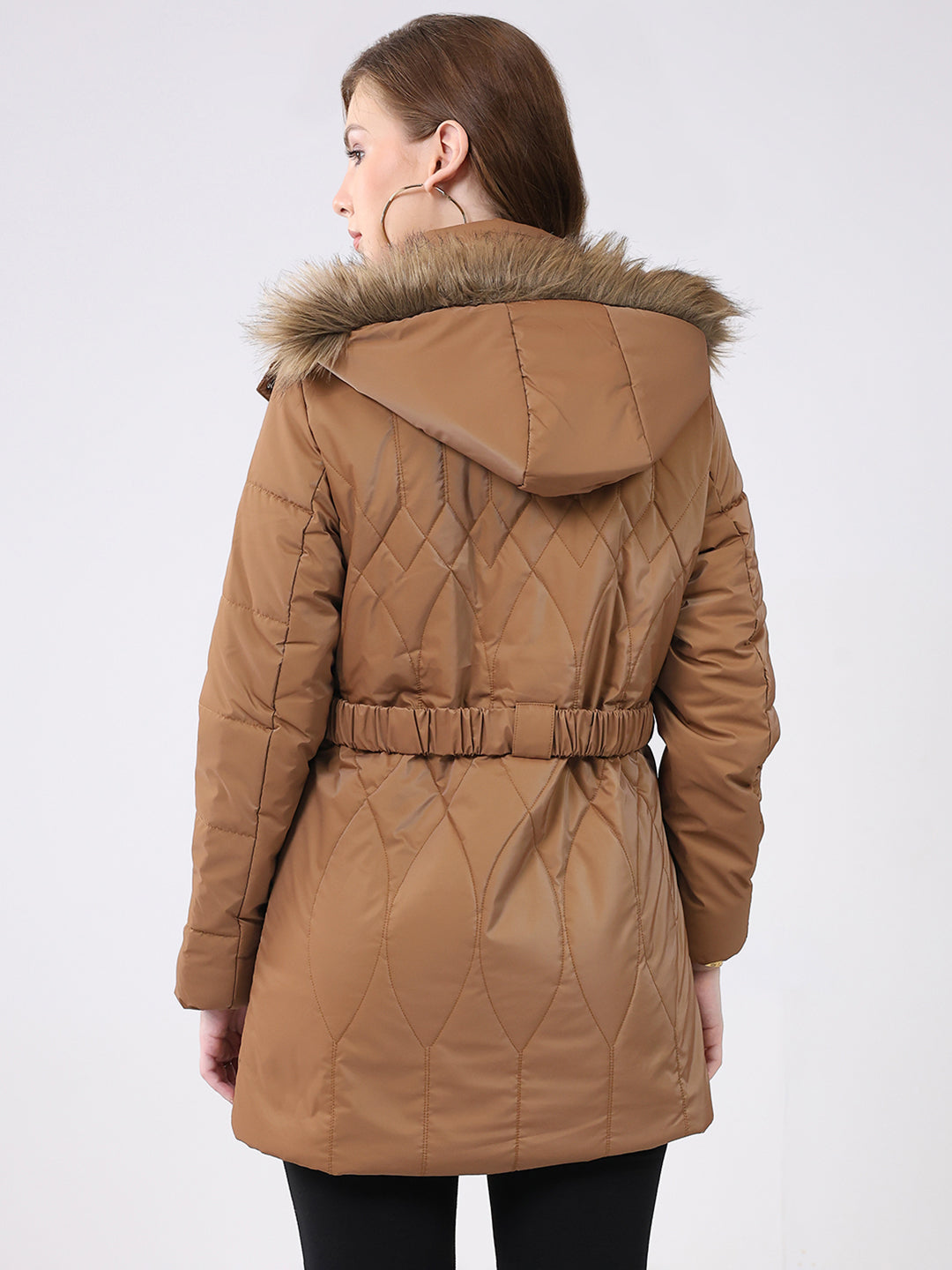 Women Khaki Solid Hooded Full Sleeve Jacket