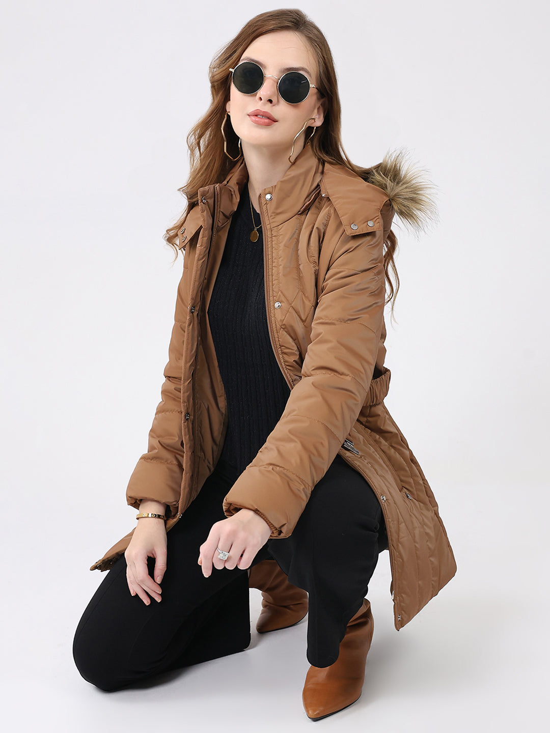 Women Khaki Solid Hooded Full Sleeve Jacket