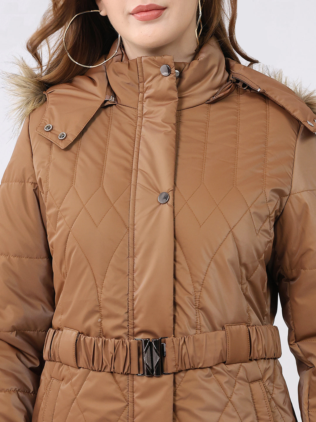 Women Khaki Solid Hooded Full Sleeve Jacket