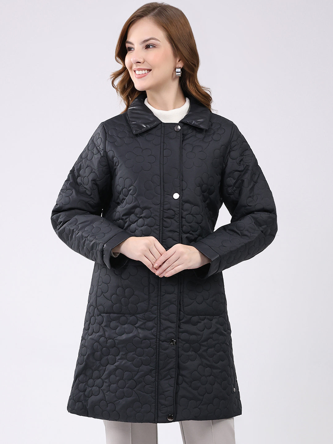 Women Black Self Design Collar Full Sleeve Jacket