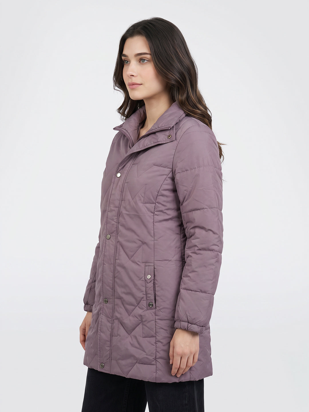 Women Mauve Solid Stand Collar Full Sleeve Long Puffer Jacket