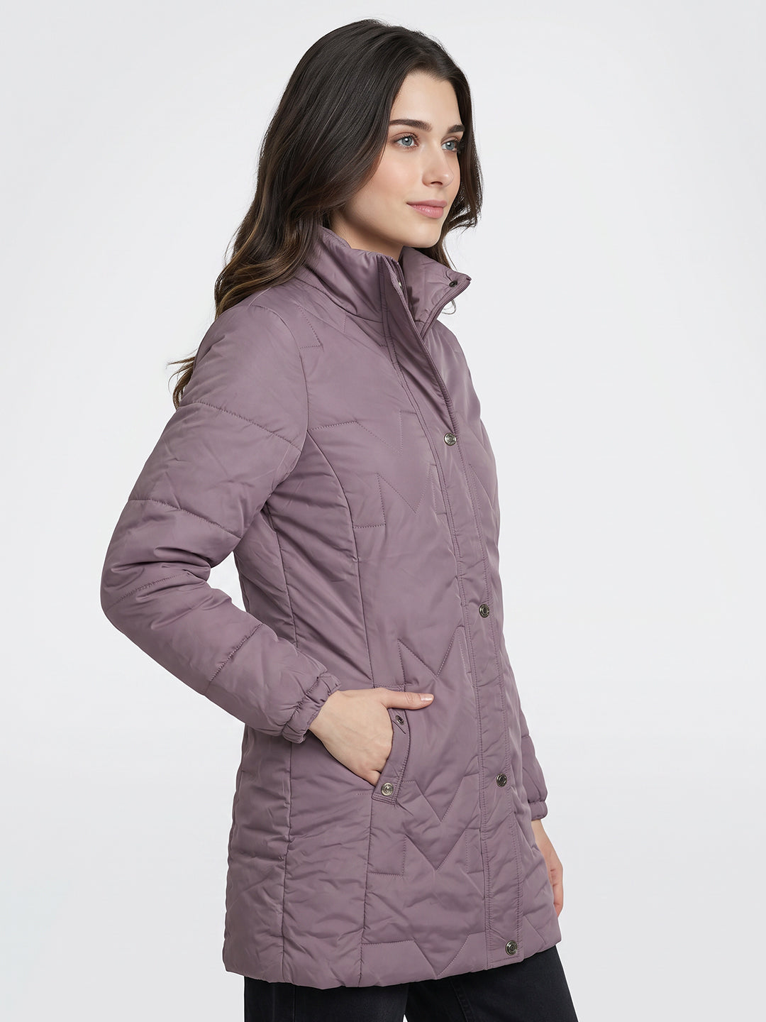 Women Mauve Solid Stand Collar Full Sleeve Long Puffer Jacket