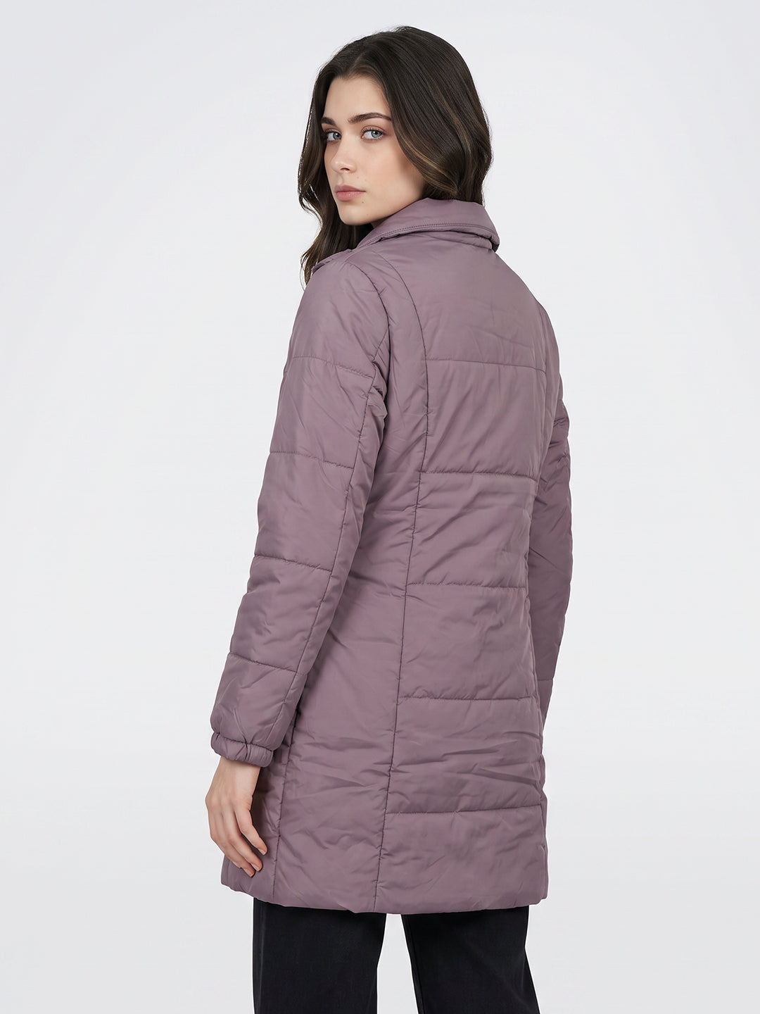 Women Mauve Solid Stand Collar Full Sleeve Long Puffer Jacket