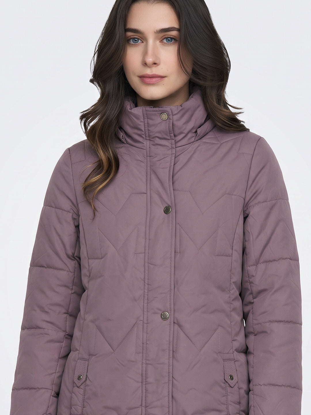 Women Mauve Solid Stand Collar Full Sleeve Long Puffer Jacket