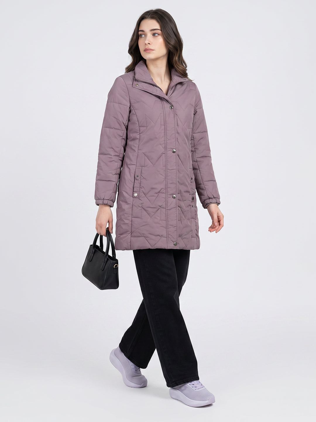 Women Mauve Solid Stand Collar Full Sleeve Long Puffer Jacket