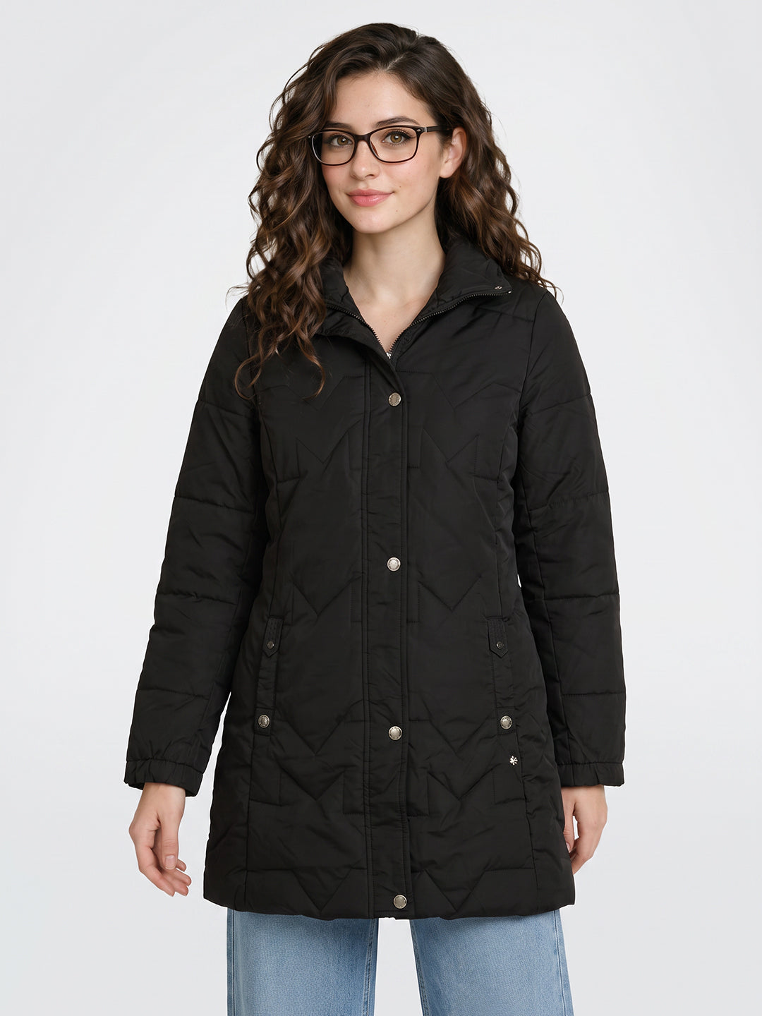 Women Black Solid Stand Collar Full Sleeve Long Puffer Jacket