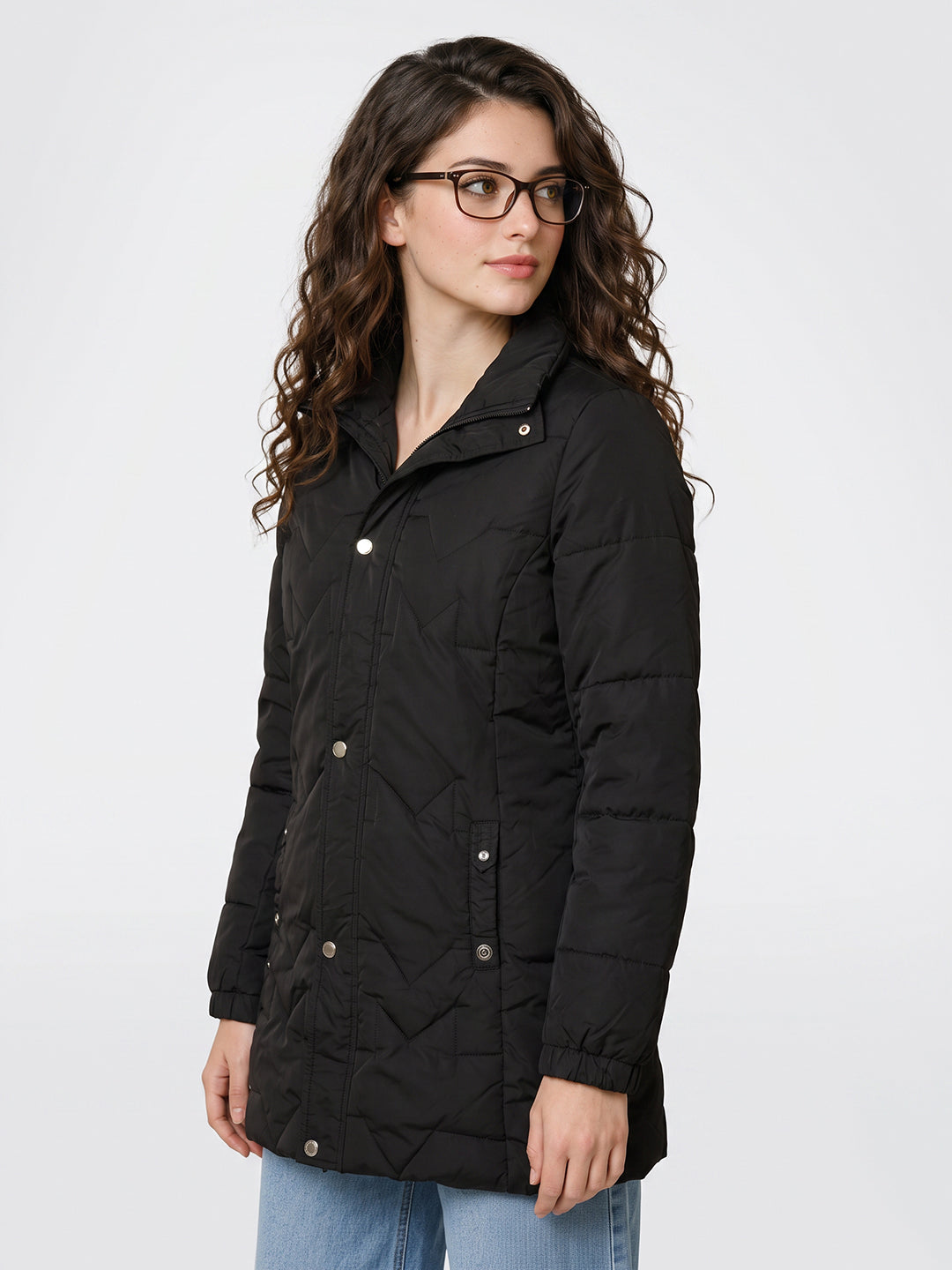 Women Black Solid Stand Collar Full Sleeve Long Puffer Jacket