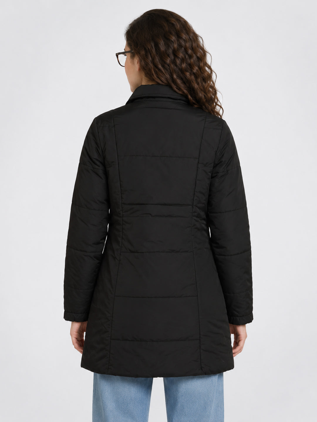 Women Black Solid Stand Collar Full Sleeve Long Puffer Jacket