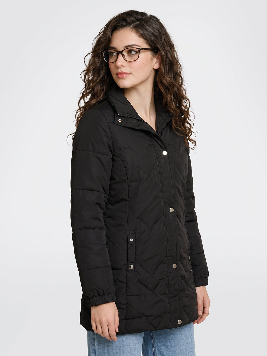 Women Black Solid Stand Collar Full Sleeve Long Puffer Jacket
