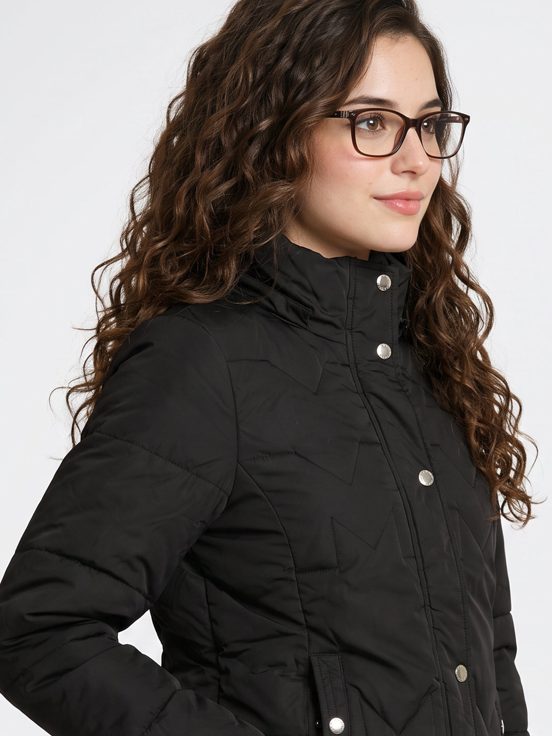 Women Black Solid Stand Collar Full Sleeve Long Puffer Jacket