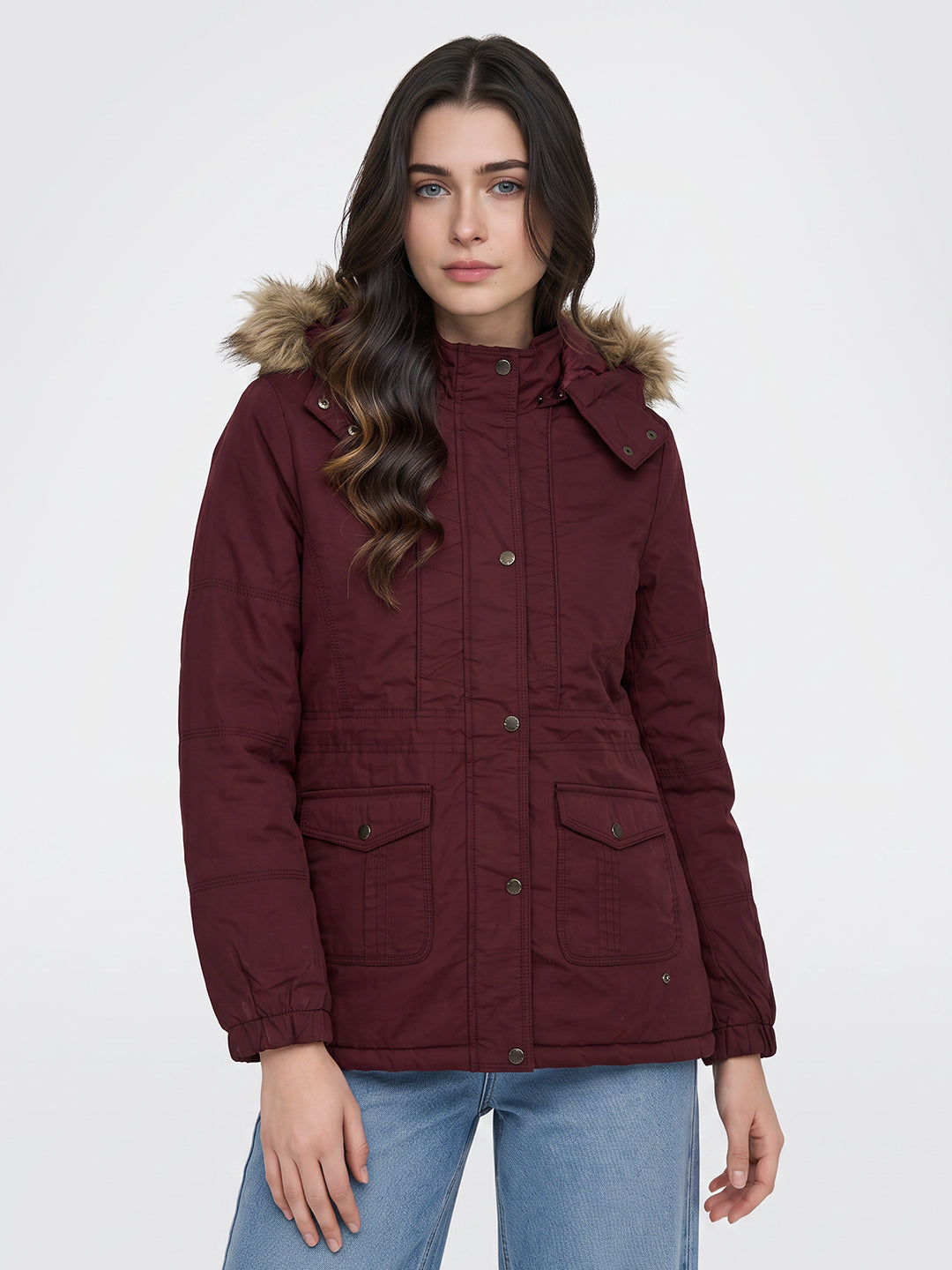 Women Maroon Solid Detachable Hood Full Sleeve Padded Jacket