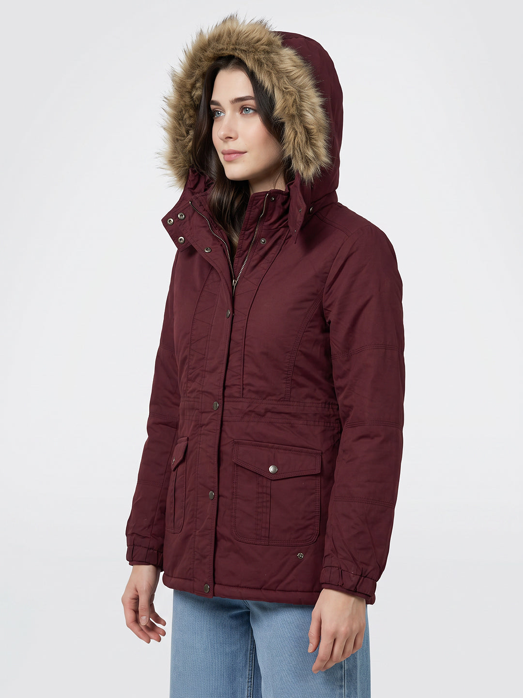 Women Maroon Solid Detachable Hood Full Sleeve Padded Jacket