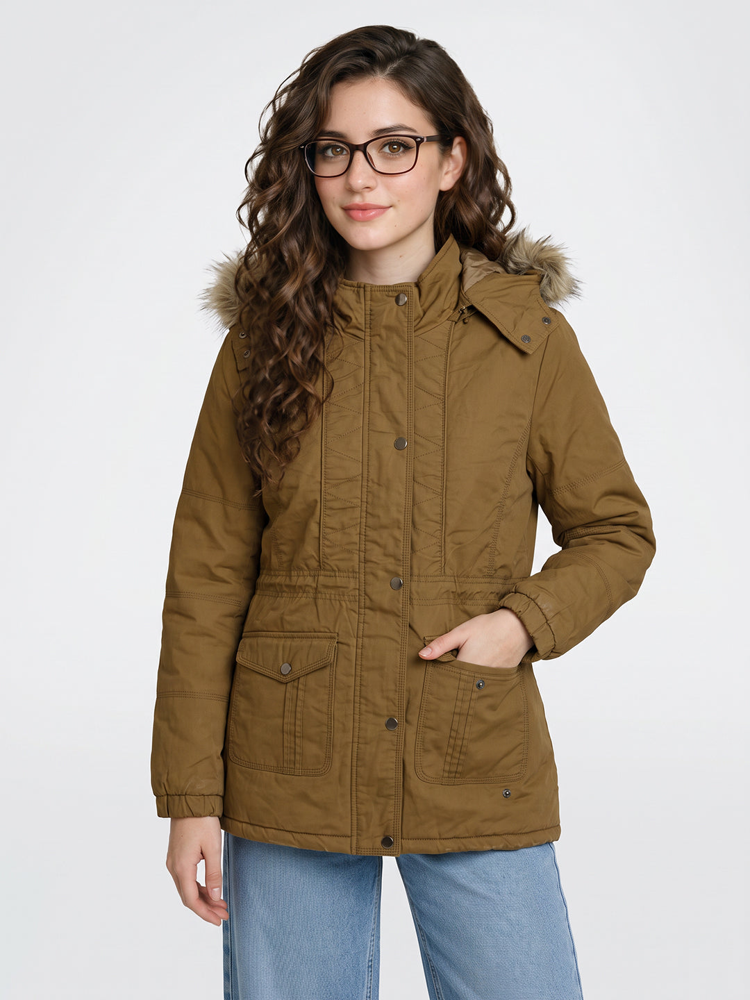 Women Maroon Solid Detachable Hood Full Sleeve Padded Jacket