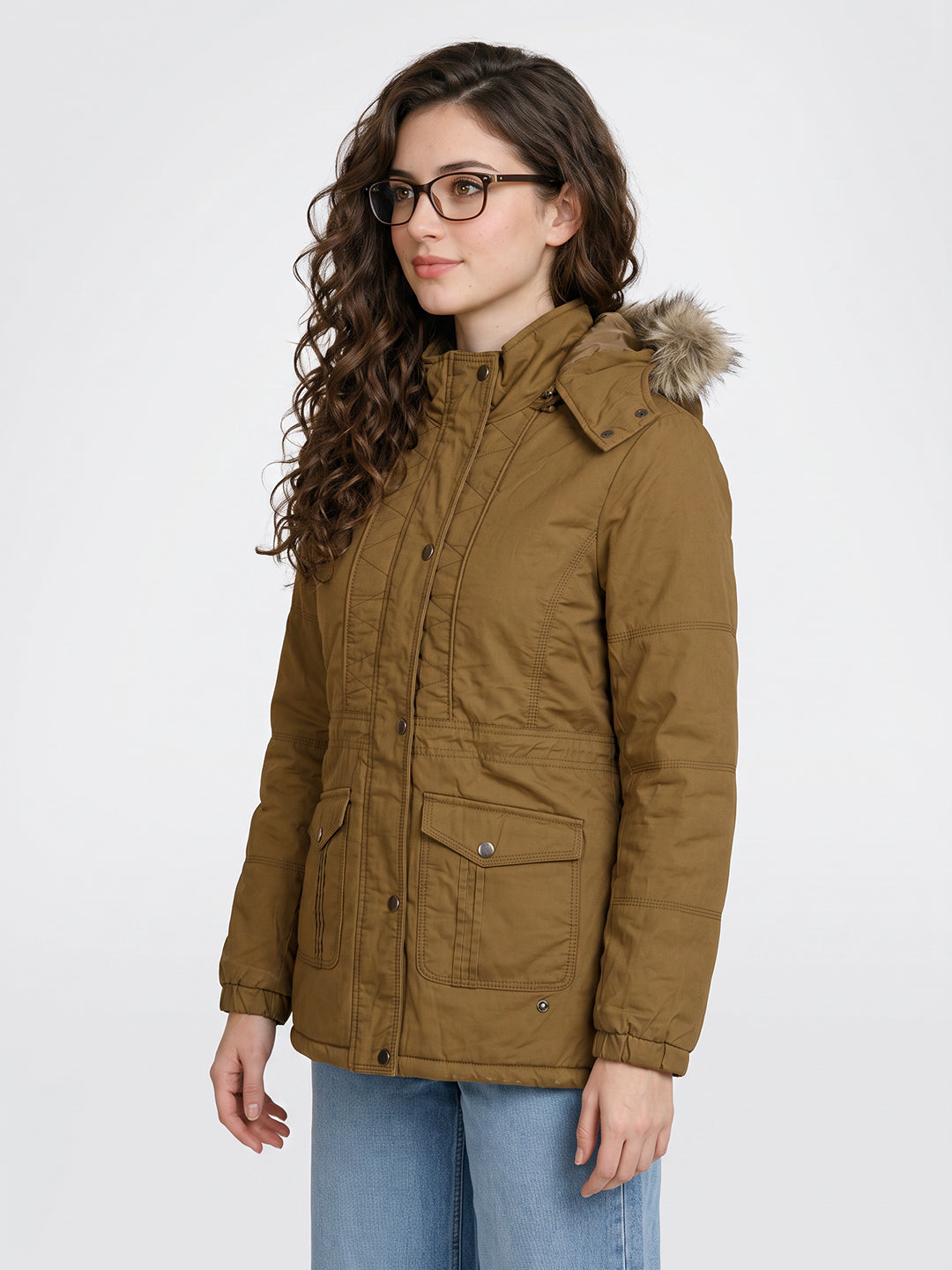 Women Maroon Solid Detachable Hood Full Sleeve Padded Jacket
