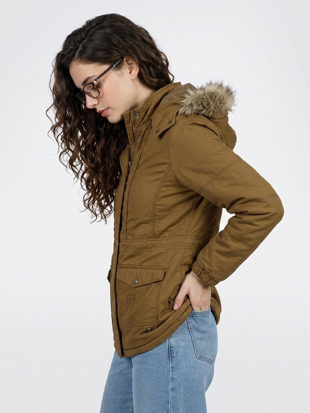 Women Maroon Solid Detachable Hood Full Sleeve Padded Jacket
