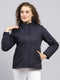 Women Navy Blue Solid Hooded Full Sleeve Jacket