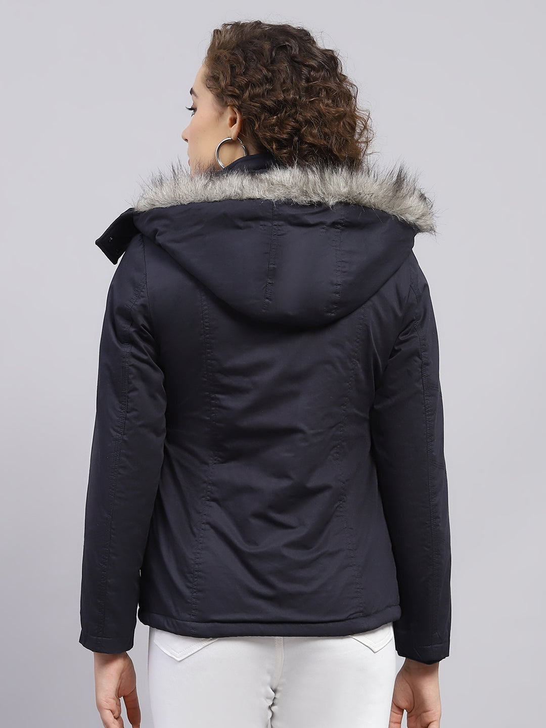 Women Navy Blue Solid Hooded Full Sleeve Jacket