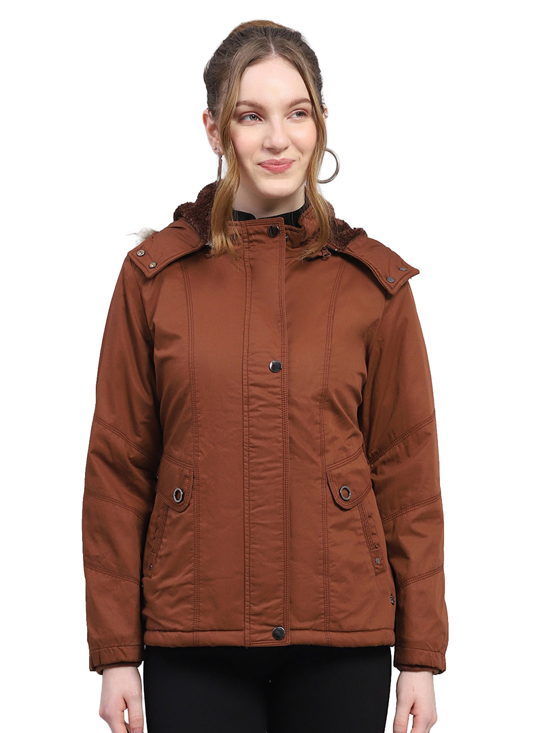 Women Brown Solid Hooded Full Sleeve Puffer Jacket