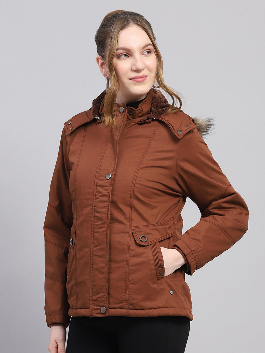 Women Brown Solid Hooded Full Sleeve Puffer Jacket