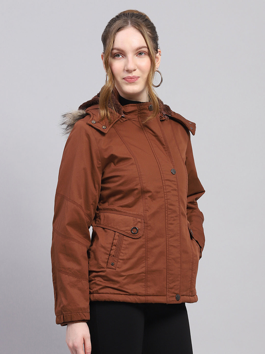 Women Brown Solid Hooded Full Sleeve Puffer Jacket