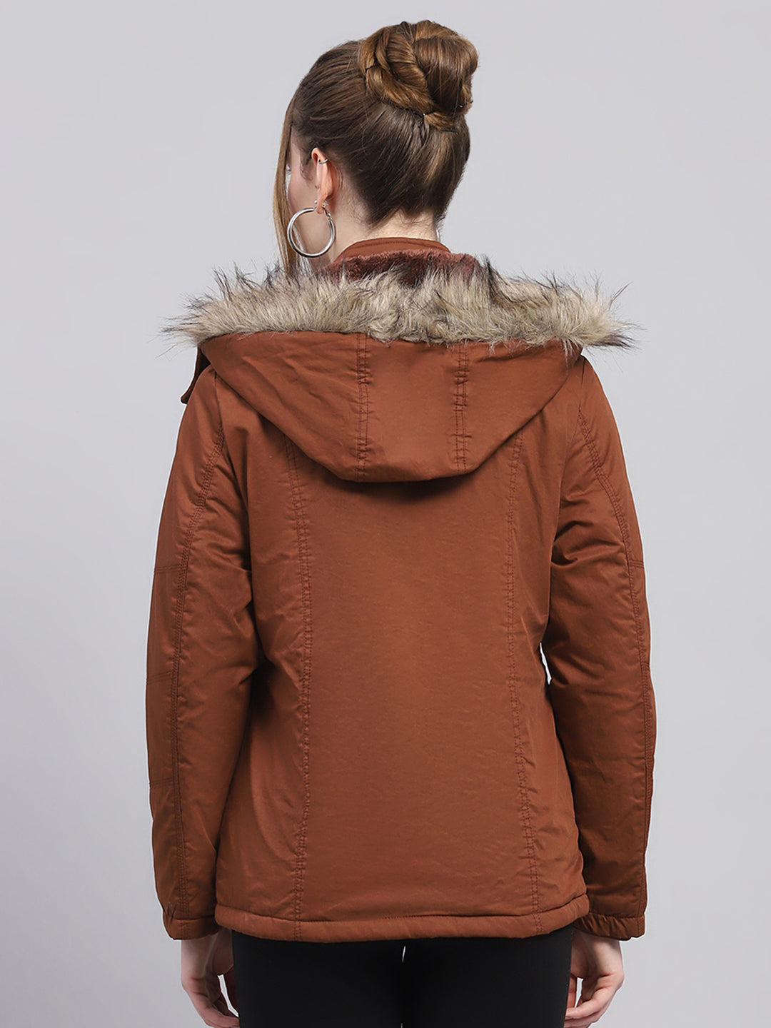 Women Brown Solid Hooded Full Sleeve Puffer Jacket