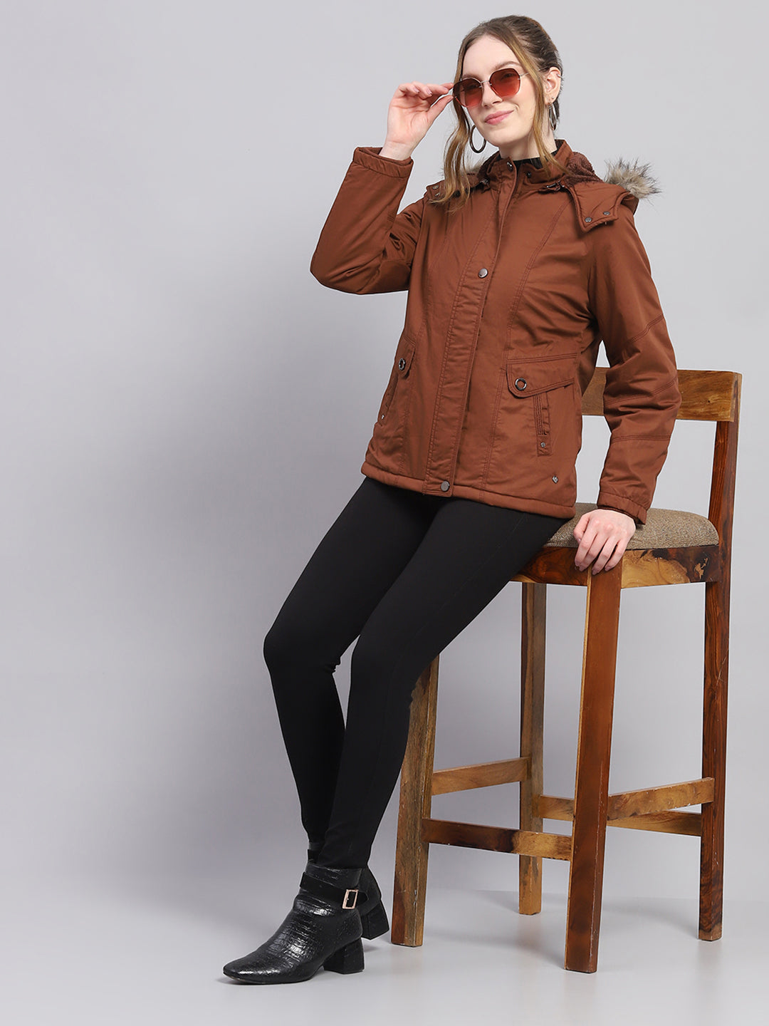 Women Brown Solid Hooded Full Sleeve Puffer Jacket