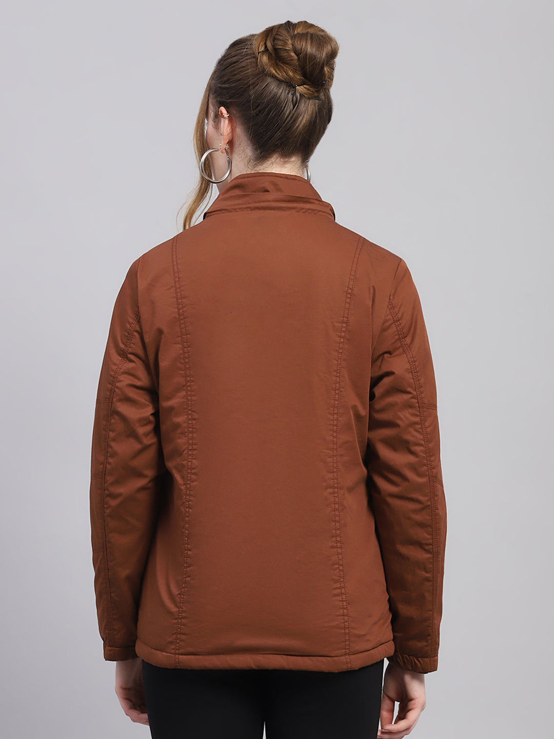 Women Brown Solid Hooded Full Sleeve Puffer Jacket