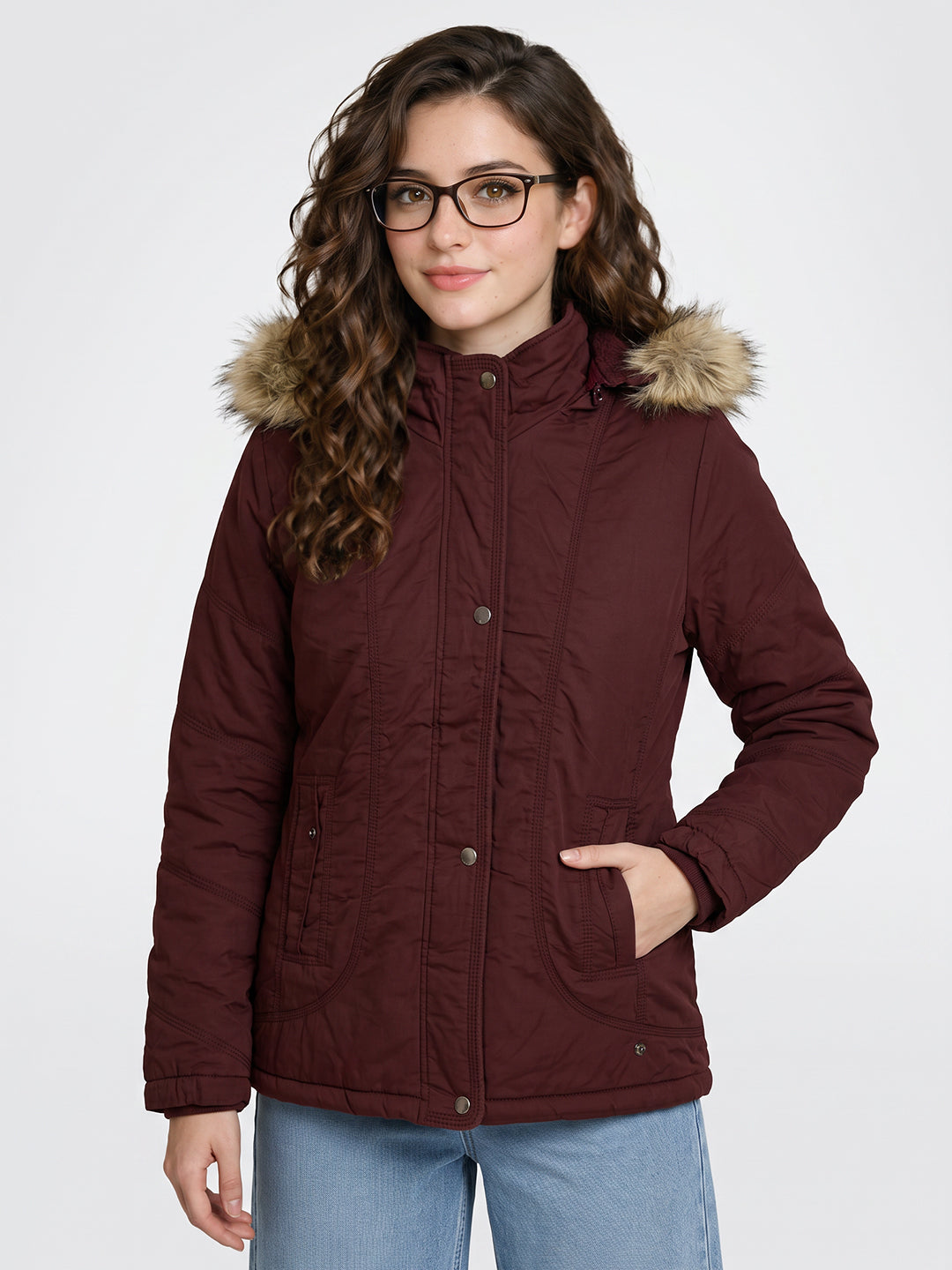 Women Maroon Solid Detachable Hood Full Sleeve Jacket