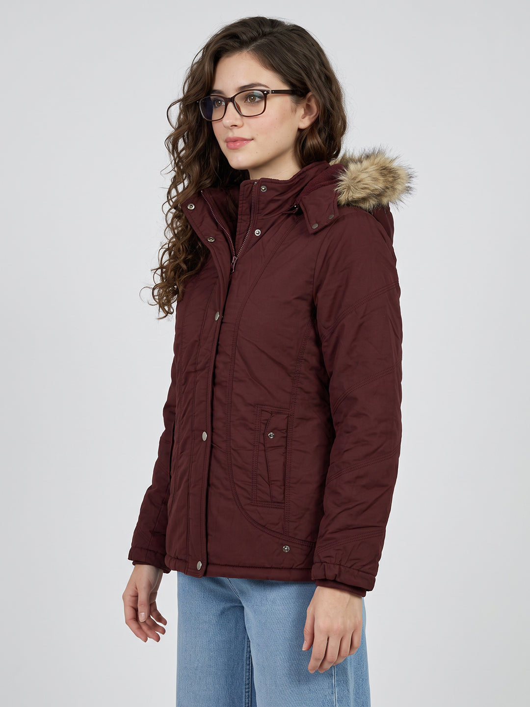 Women Maroon Solid Detachable Hood Full Sleeve Jacket