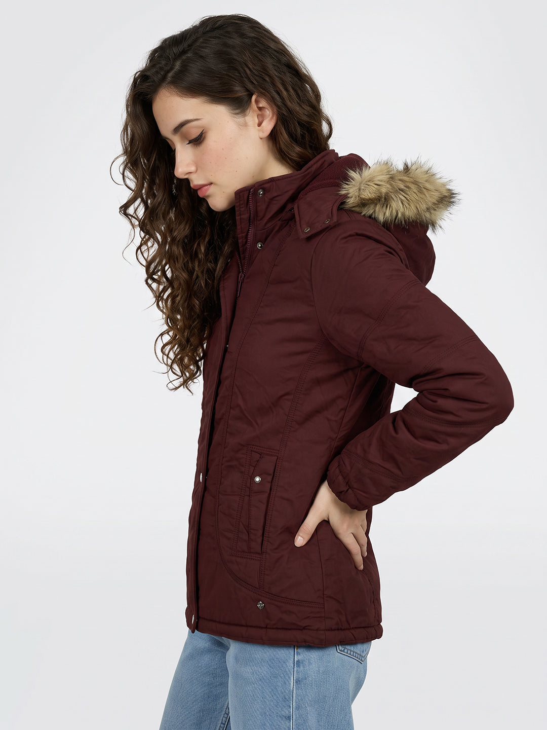 Women Maroon Solid Detachable Hood Full Sleeve Jacket
