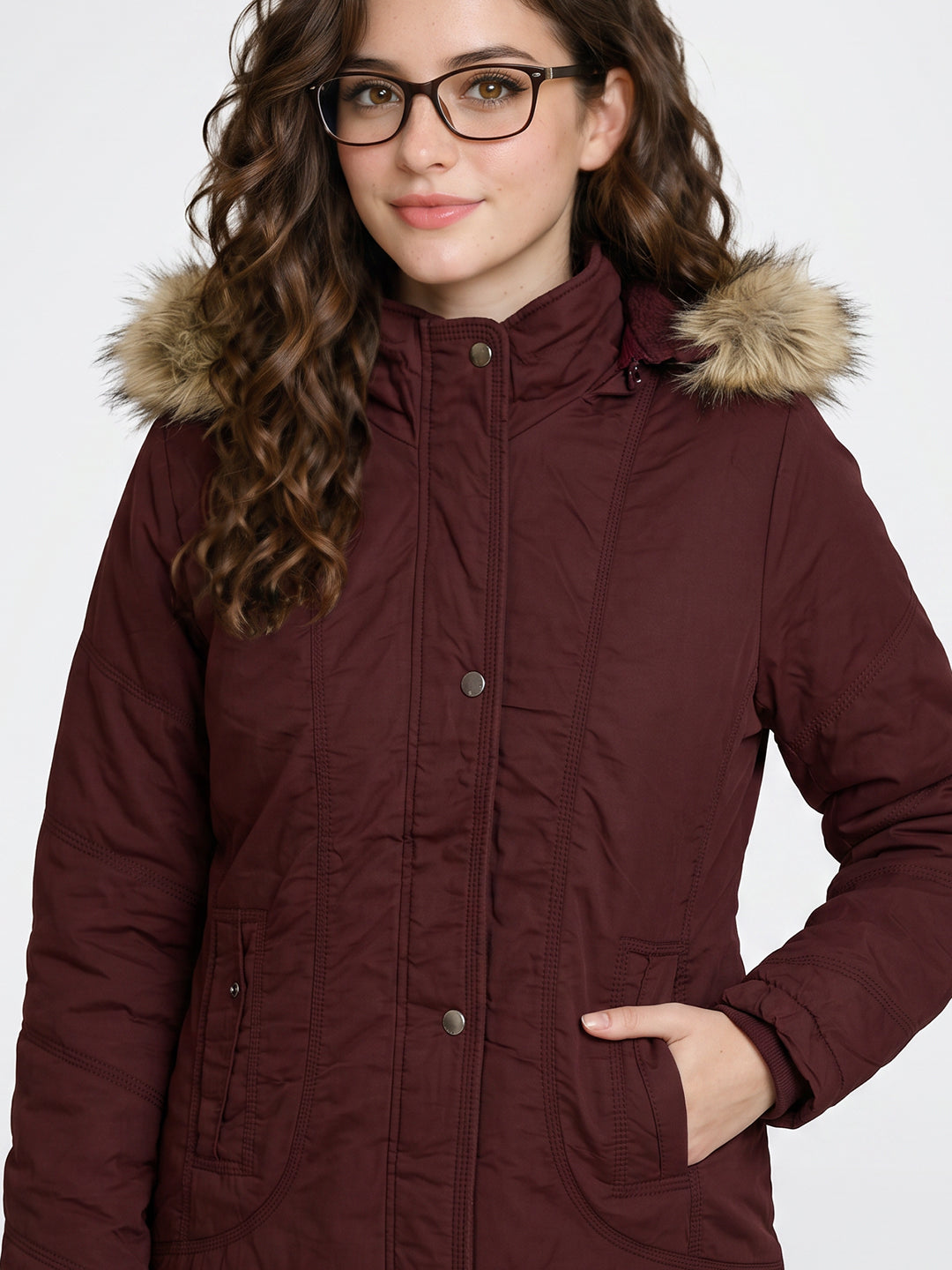 Women Maroon Solid Detachable Hood Full Sleeve Jacket