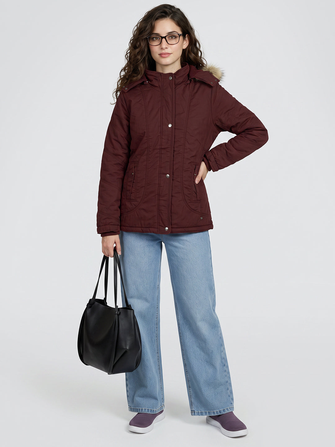 Women Maroon Solid Detachable Hood Full Sleeve Jacket