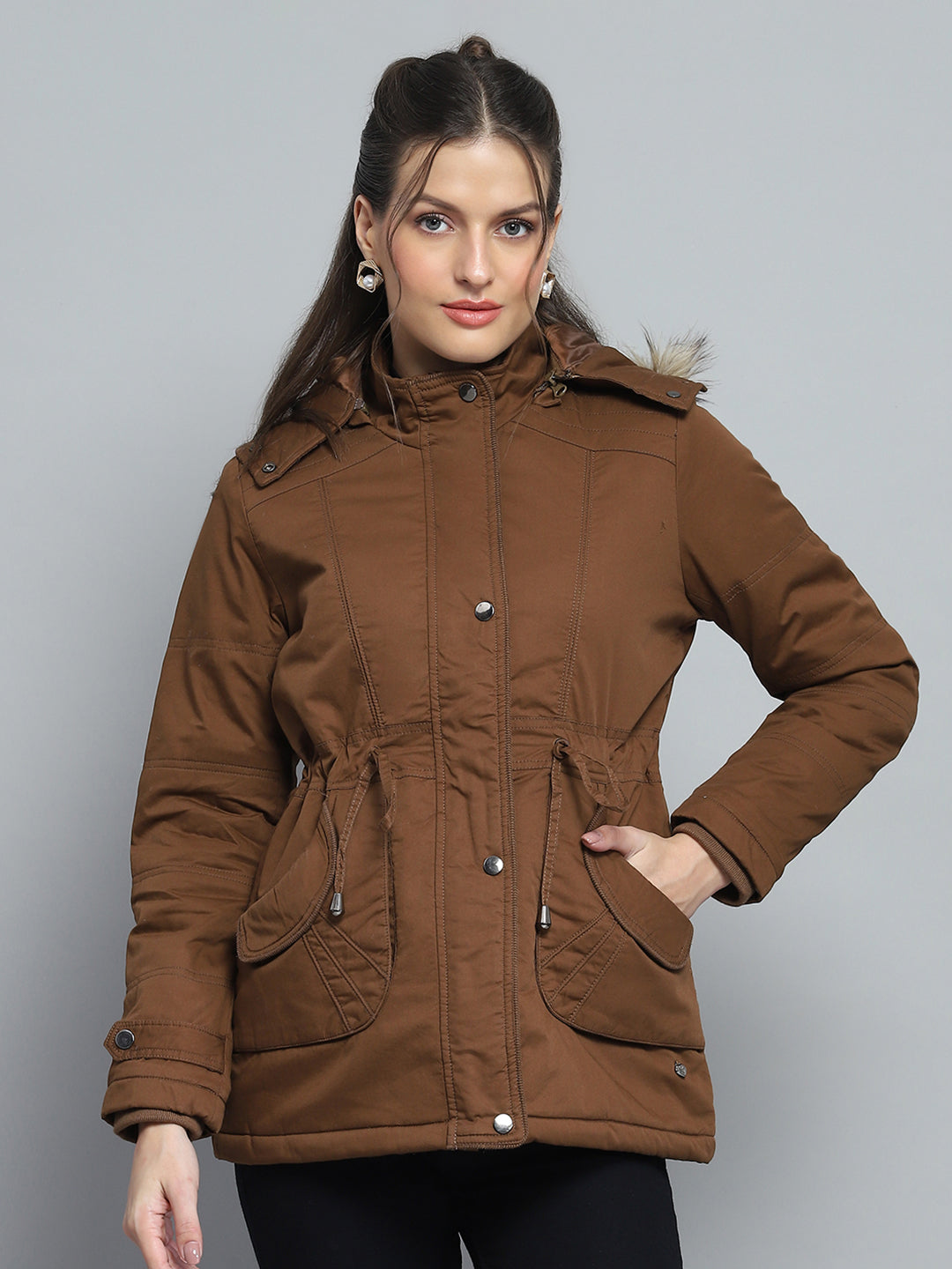 Women Brown Self Design Detachable Hood Full Sleeve Jacket