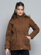 Women Brown Self Design Detachable Hood Full Sleeve Jacket