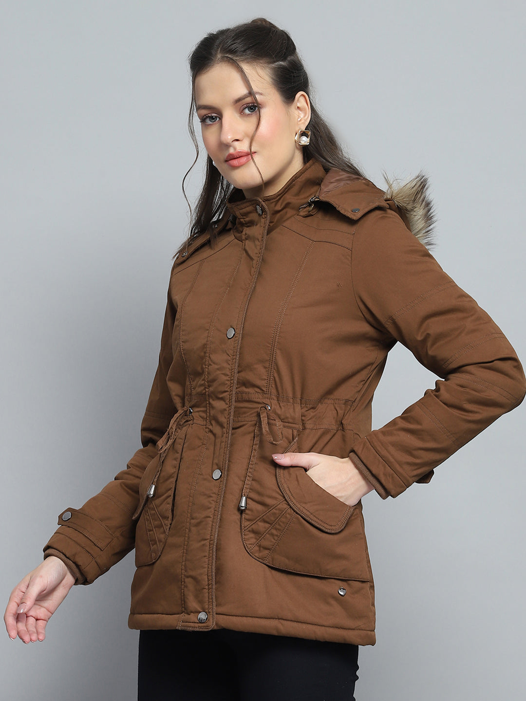 Women Brown Self Design Detachable Hood Full Sleeve Jacket