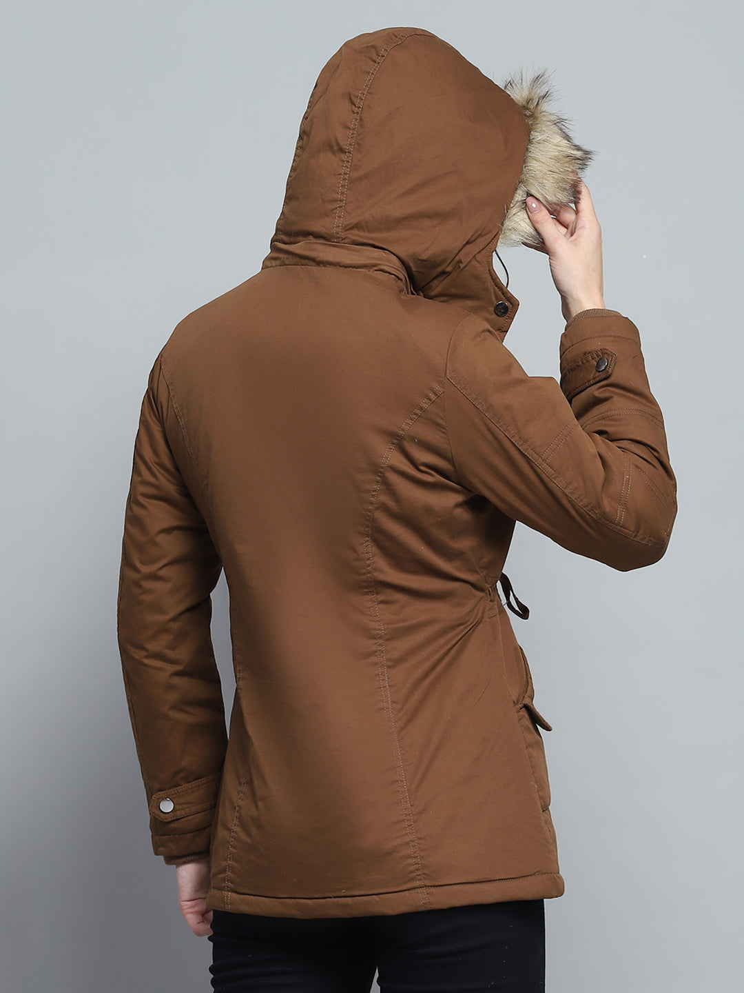 Women Brown Self Design Detachable Hood Full Sleeve Jacket