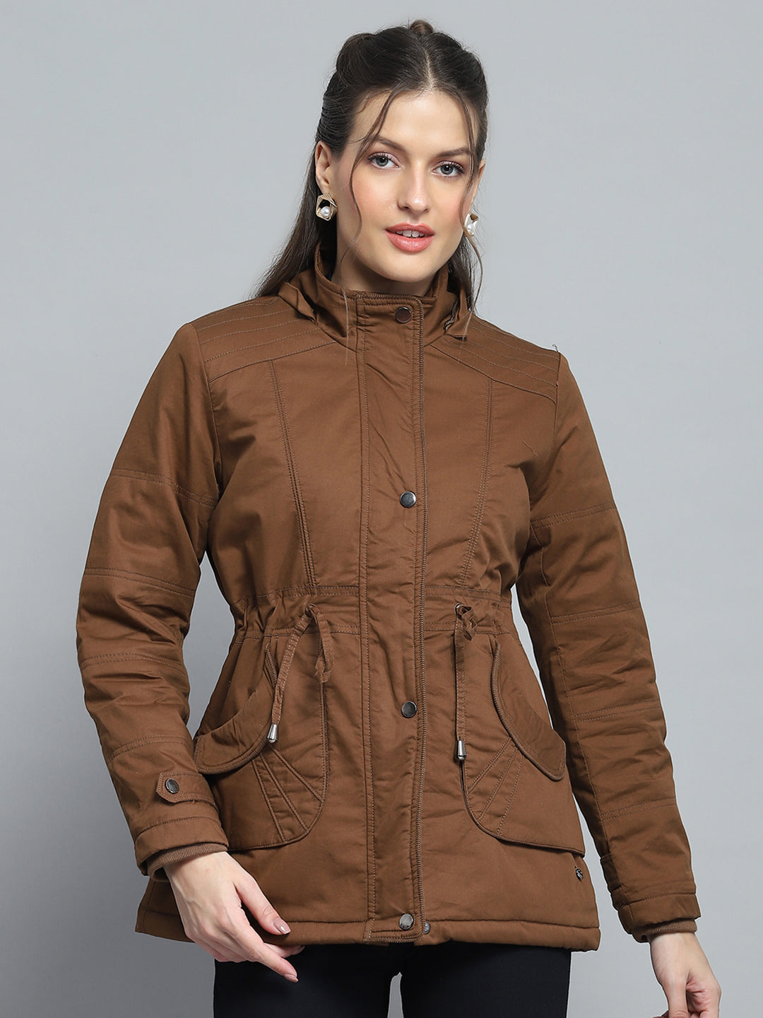 Women Brown Self Design Detachable Hood Full Sleeve Jacket