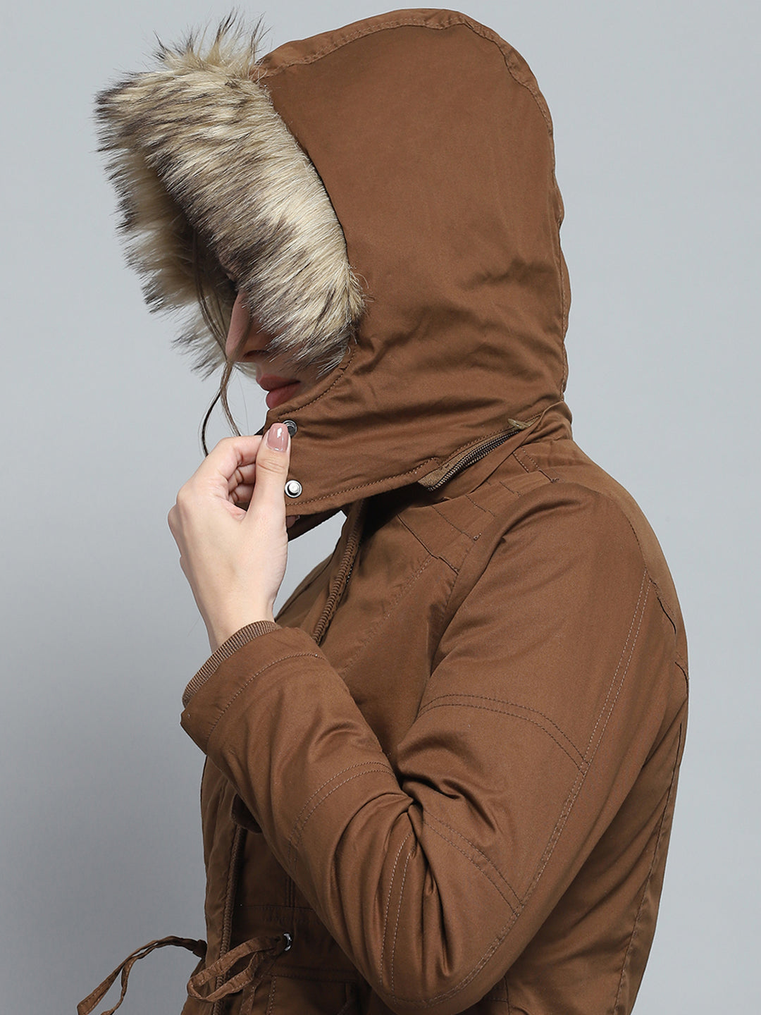 Women Brown Self Design Detachable Hood Full Sleeve Jacket