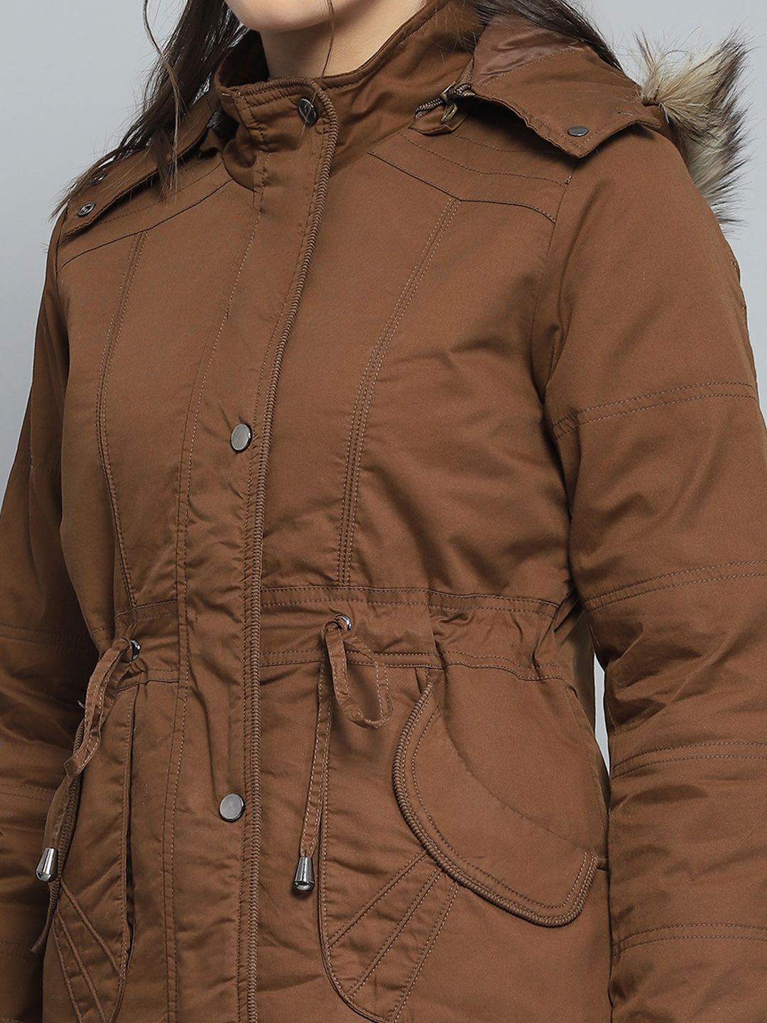 Women Brown Self Design Detachable Hood Full Sleeve Jacket