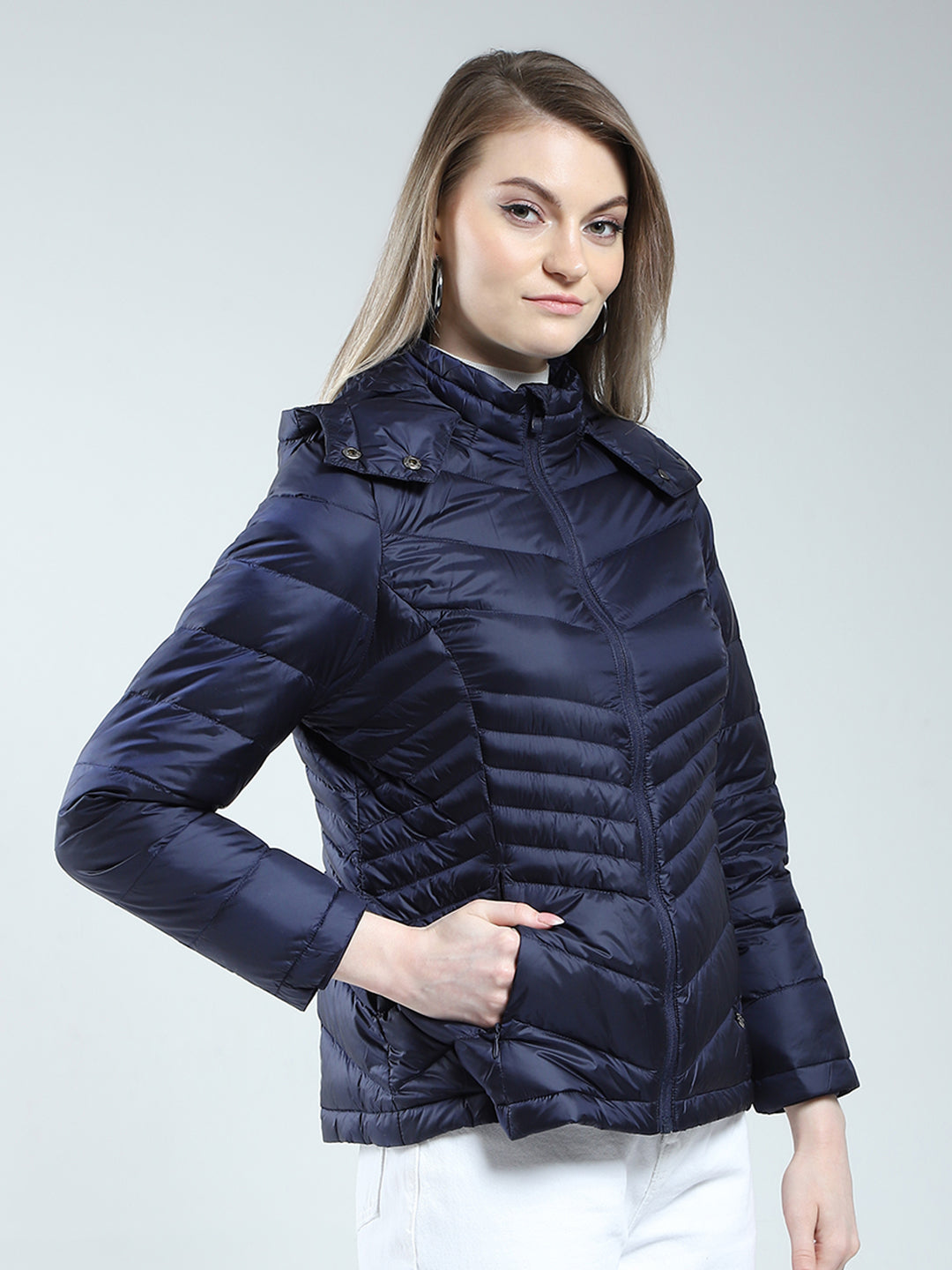 Women Navy Blue Solid Detachable Hood Full Sleeve Jacket