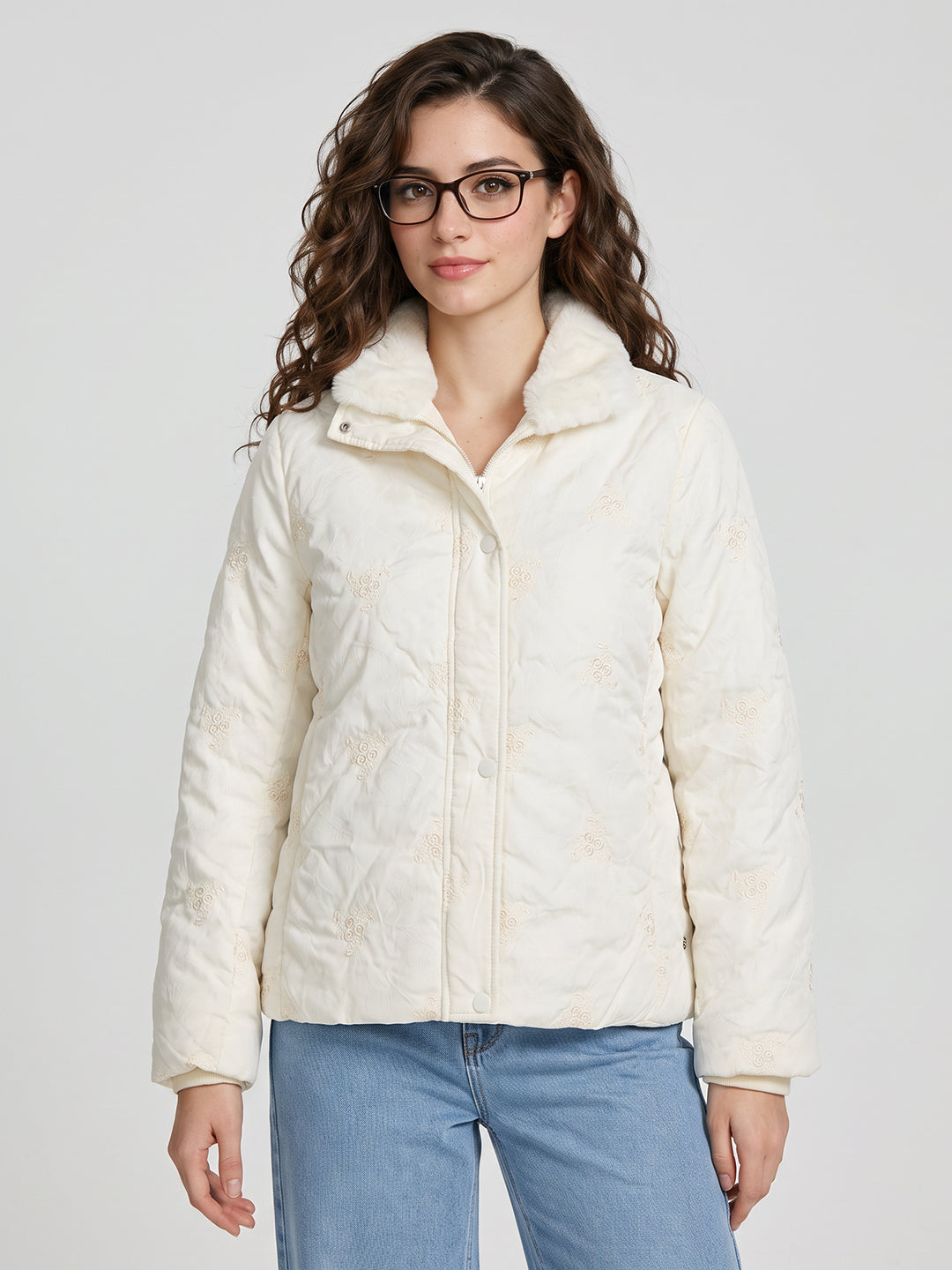 Women Off White Embroidered Stand Collar Full Sleeve Puffer Jacket
