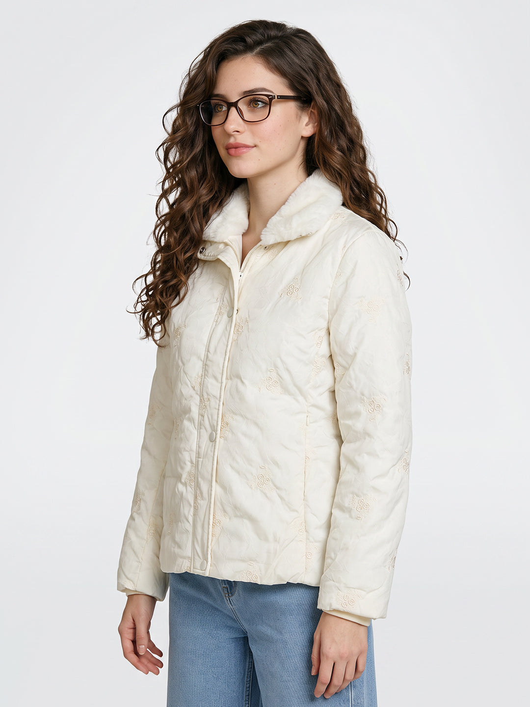 Women Off White Embroidered Stand Collar Full Sleeve Puffer Jacket