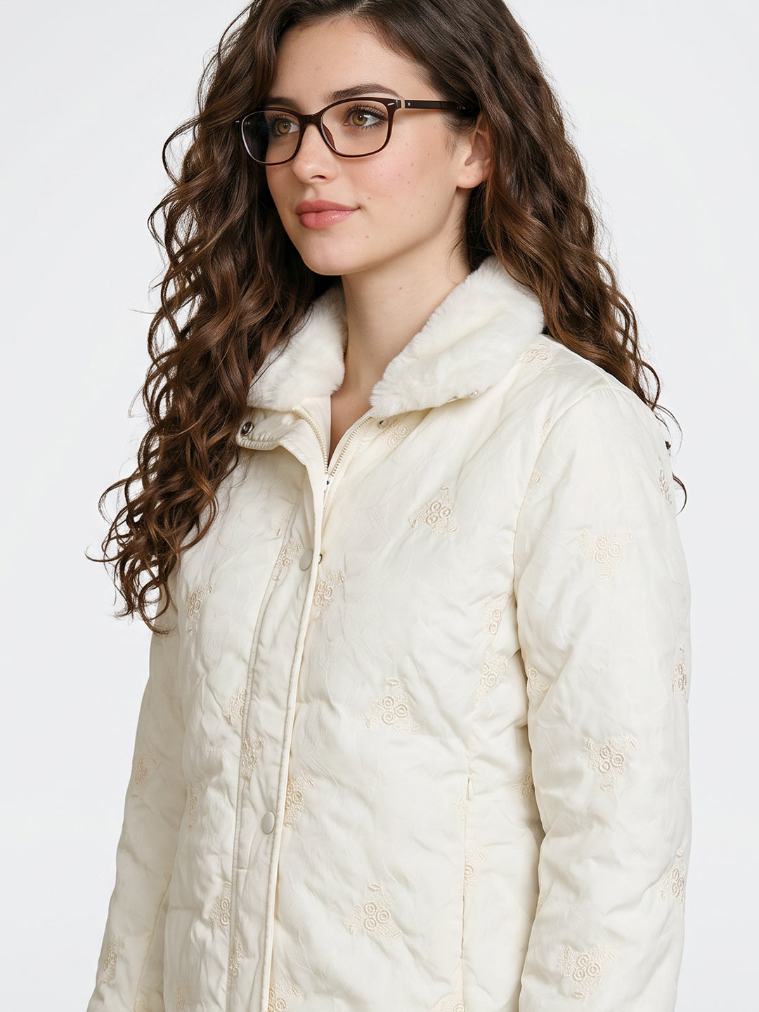 Women Off White Embroidered Stand Collar Full Sleeve Puffer Jacket